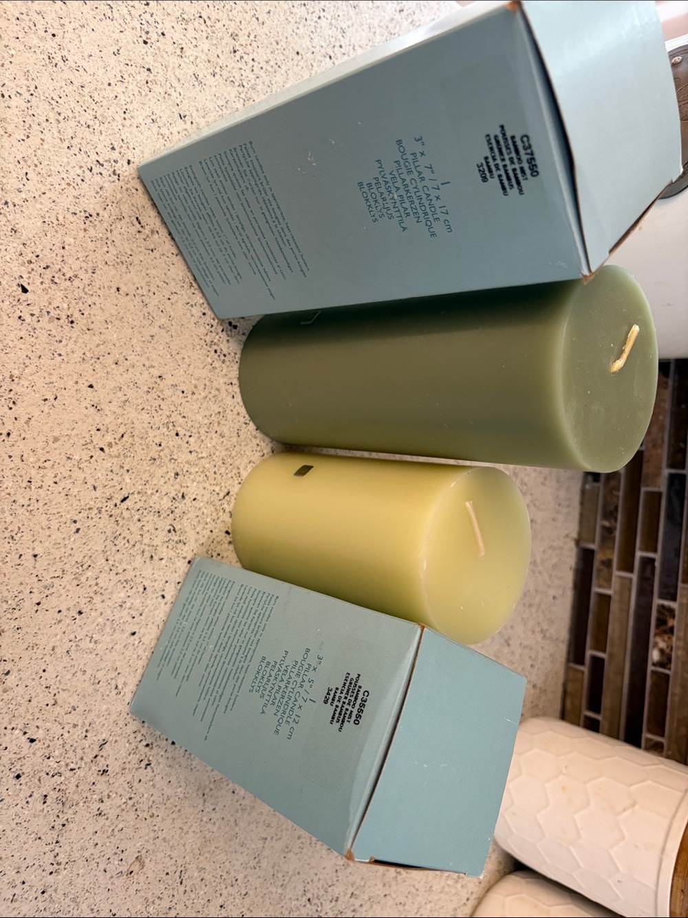PartyLite Set of Two Green Pillar Candles Bamboo Mist.